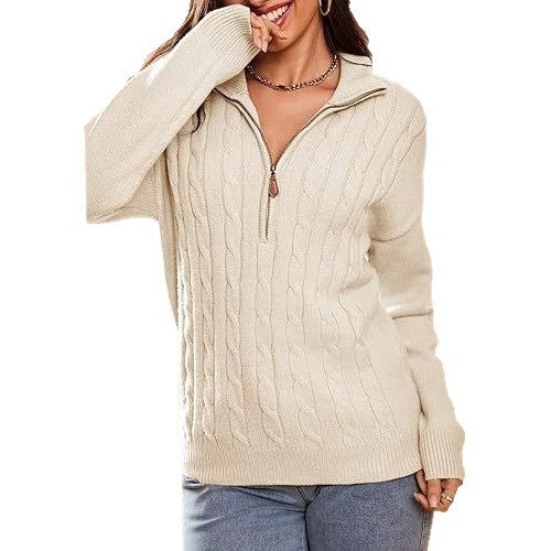 Women's Half-Zip Sweater with High Collar - Retro and Comfortable