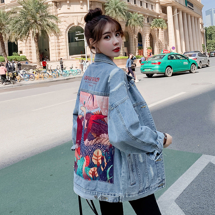 Women's Plus Size Denim Jacket with Embroidery and Long Sleeves