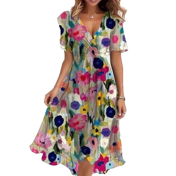 Women's Midi Floral Wrap Dress – A-Line Style with Short Sleeves