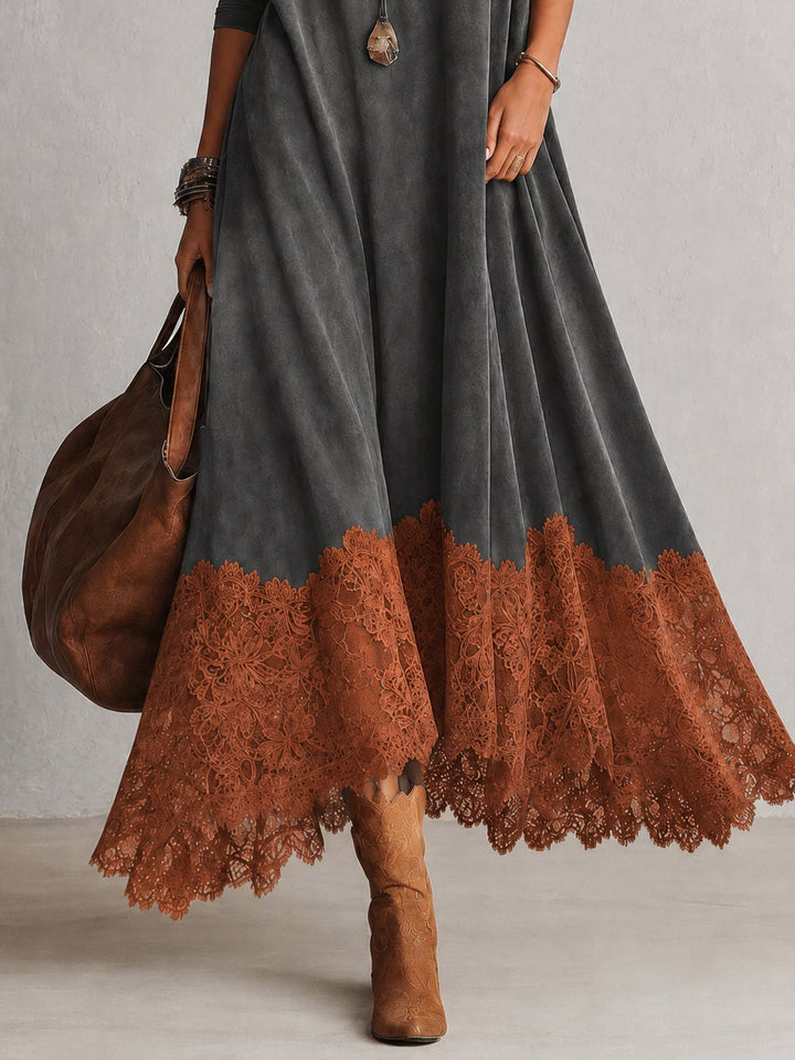 Long women's suede-effect dress with lace