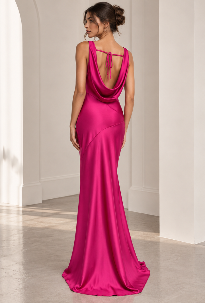 Women's Fuchsia Cowl Neck Maxi Wedding Guest Dress