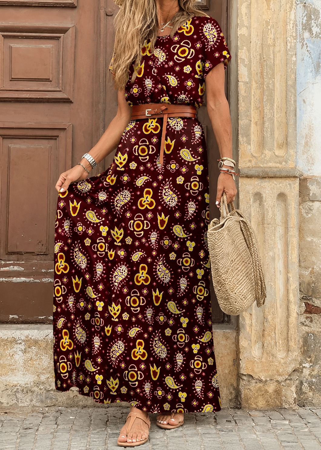 Sarisa Floral Belly-Camouflaging Maxi Dress + Belt, view 9 - Elena Harper