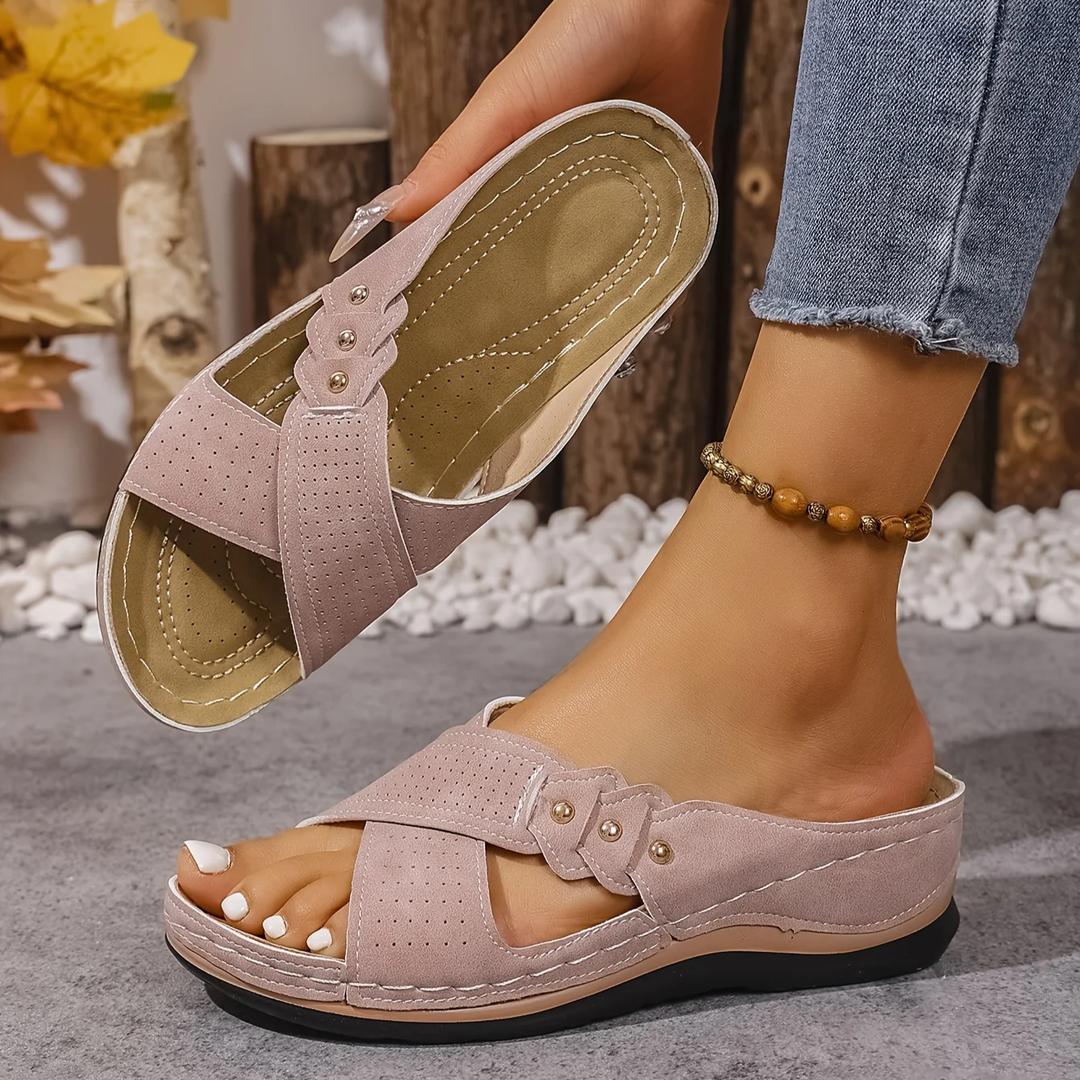 Vanesa Emma & Rose Cape Town comfortable wedge sandals with beige straps and cork wedge heel, casual summer footwear