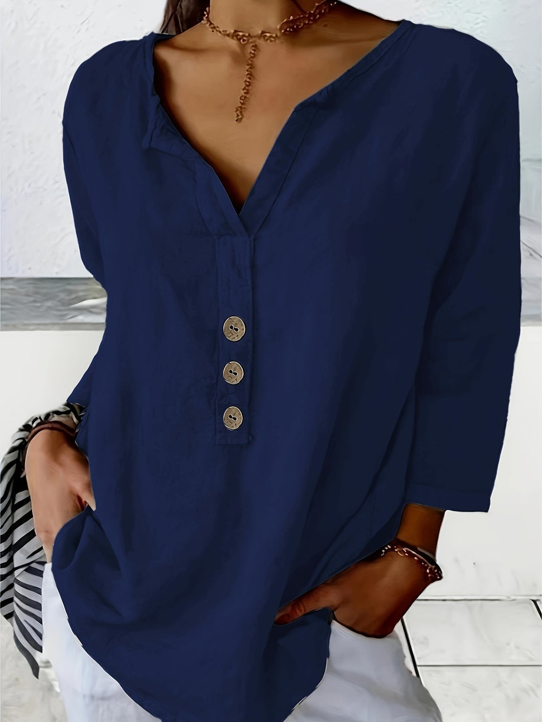 Harper™ - Relaxed V-Neck Blouse with Buttons