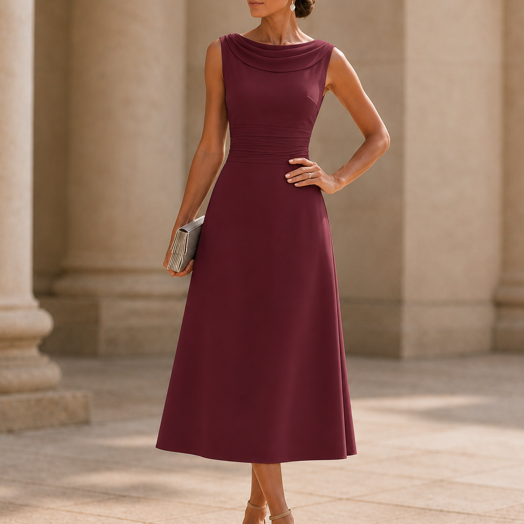 Draperie Draped-Neck Pleated A-Line Wedding Guest Dress - Elena Harper