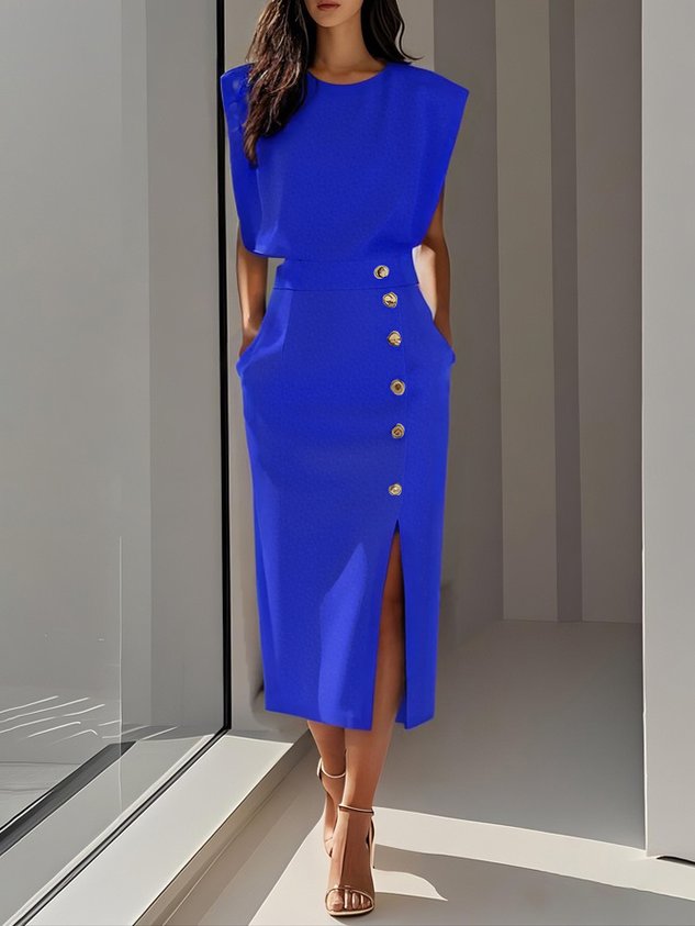 Emma | Ladies Button Detail Sleeveless Midi Dress