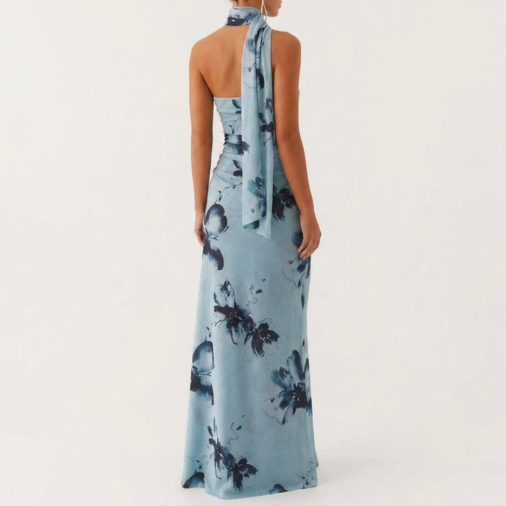 Blue Asymmetric-Neck Evening Maxi Dress With Scarf-Detail