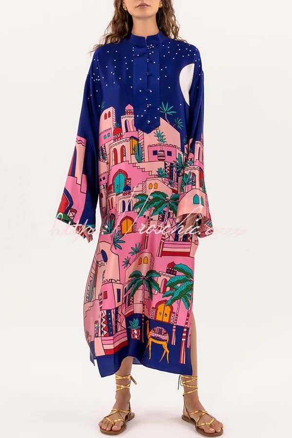 Seaside Stroll Satin Unique Print Button Up Long Sleeve Slit Kaftan Midi Dress