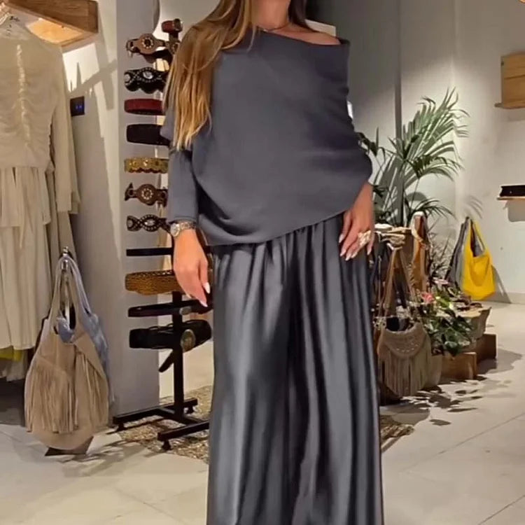 Elegant two-piece lounge set with exposed shoulders – soft, flattering, and elegantly casual