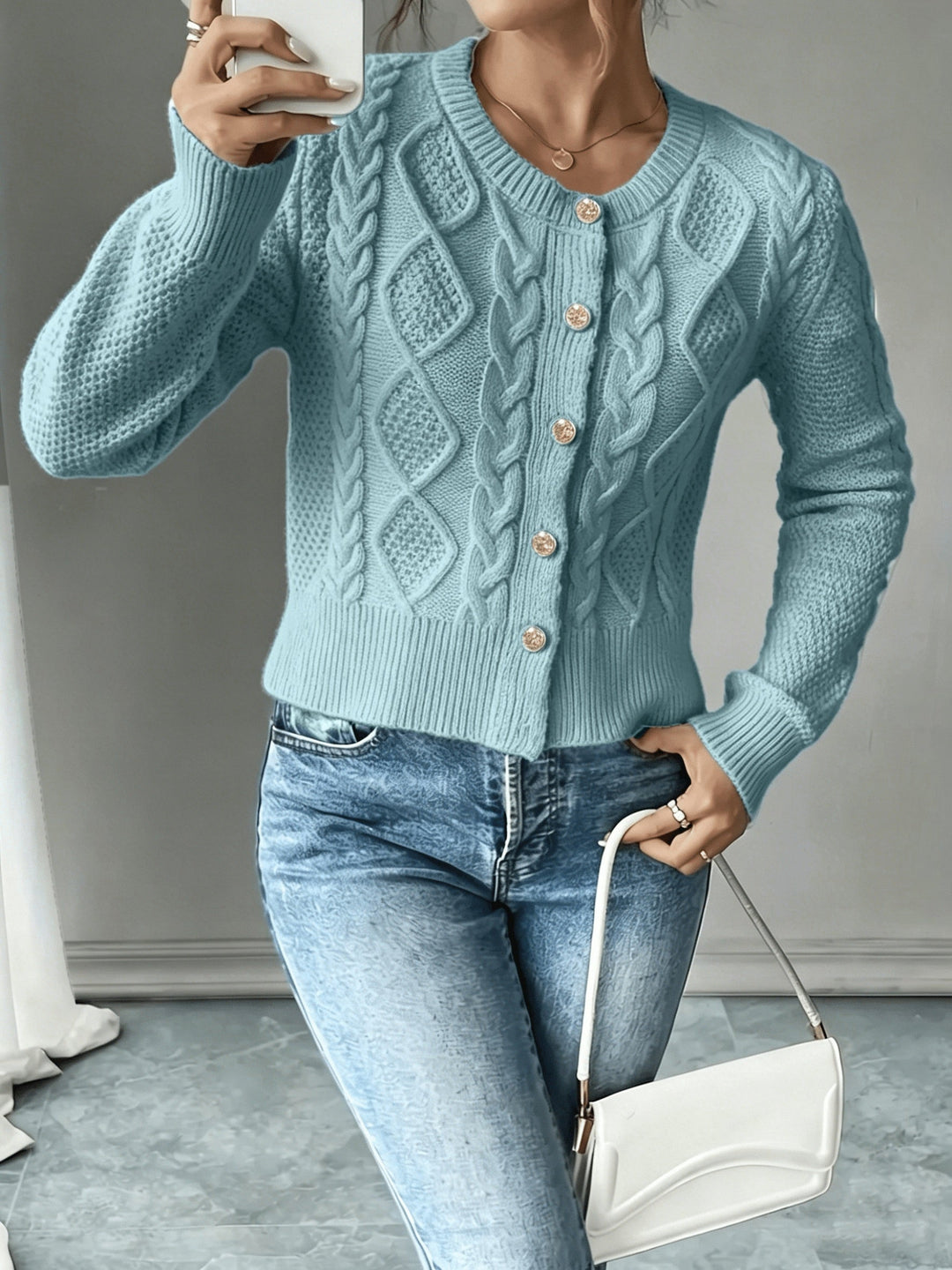 Isabelle - Elegant Twisted Knit Cardigan with Round Neck