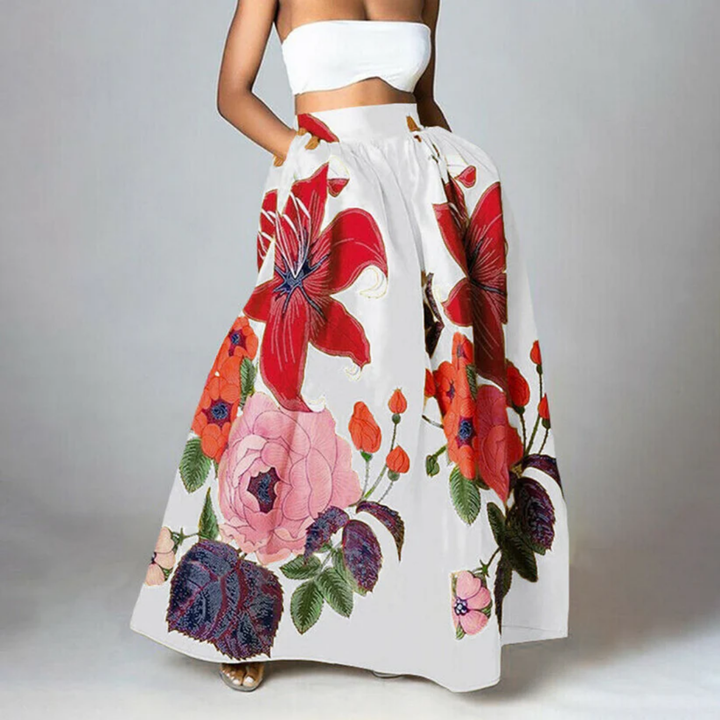 Women's maxi skirt with floral print, high-waisted and elegant