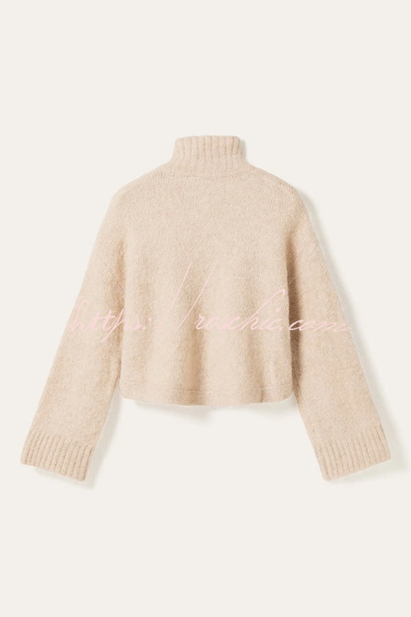 Martina Solid Color Knit High Neck Button Long Sleeve Wave Hem Crop Cardigan