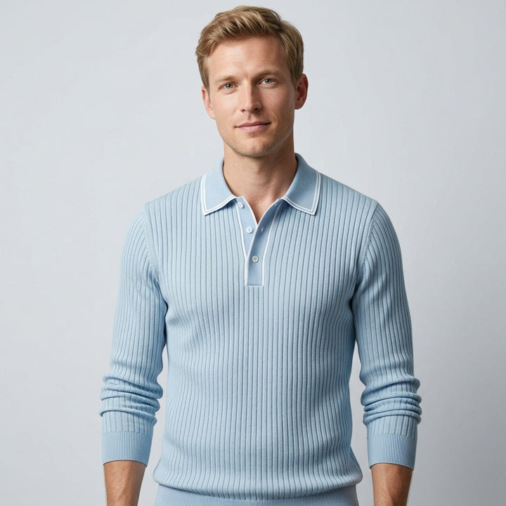 Knitted Ribbed Polo with Classic Collar for Men, view 3 - Elena Harper