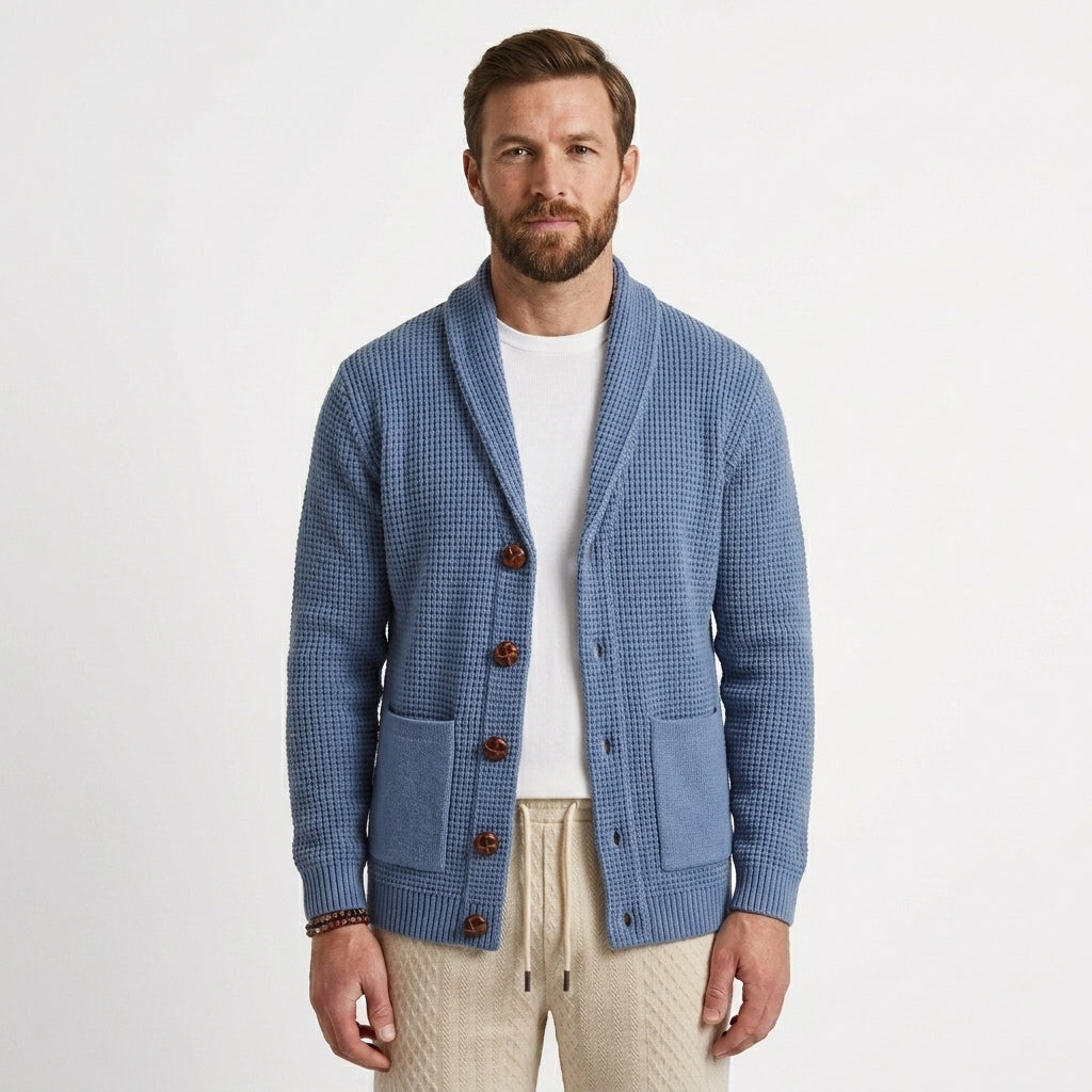Textured Waffle-Knit Shawl Collar Cardigan For Men