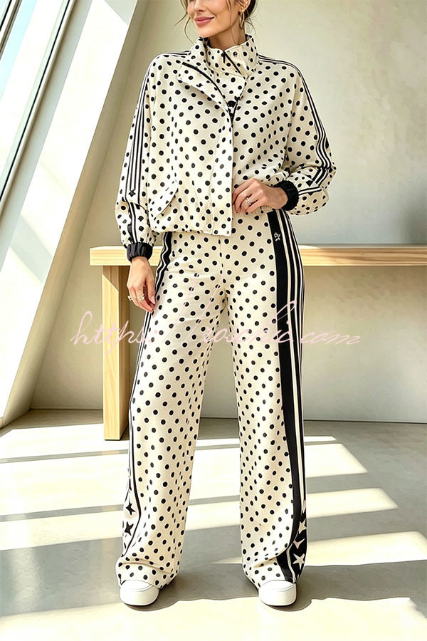 Lucienne Polka Dot Striped Star Print Zipper High Neck Pocket Sporty Jacket