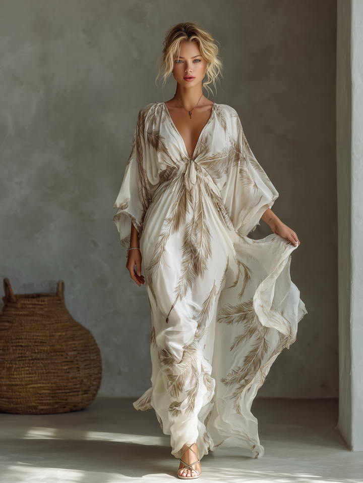 Women's Elegant Palm Leaf Maxi Dress with Twisted Front