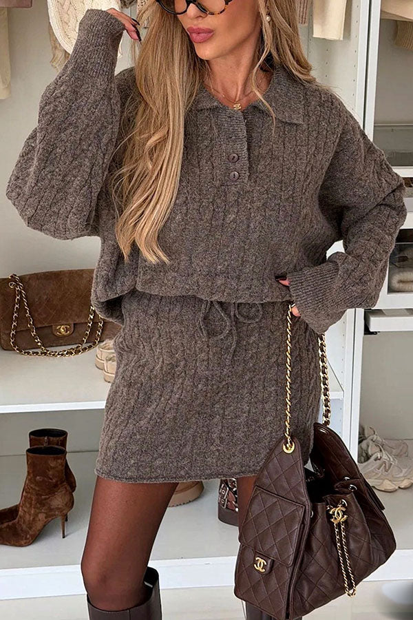 Tanya Cable Knit Button Lapel Loose Sweater and Elastic Waist Mini Skirt Set