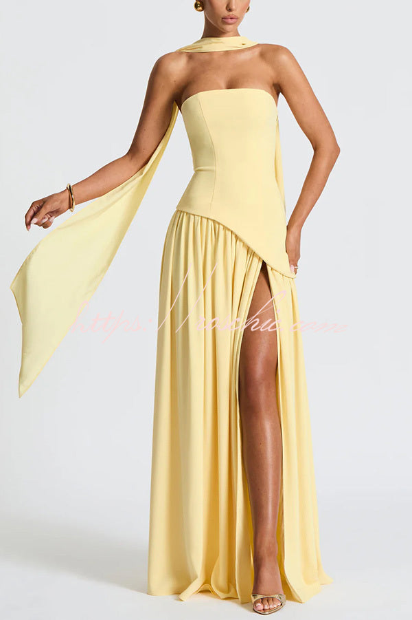 Elegant Off Shopulder Chiffon Pleated Hem Scarf Slit Maxi Dress