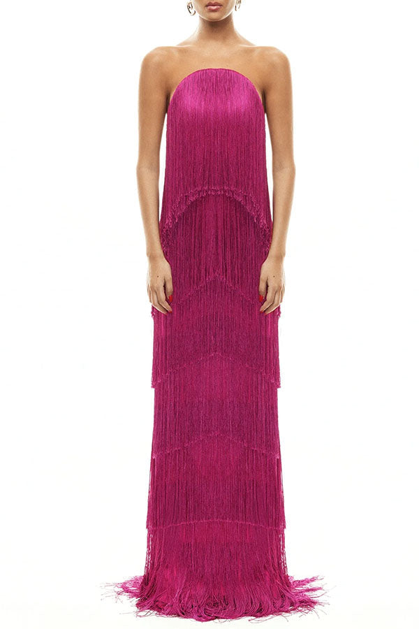Party Queen Layered Tassel Design Off Shoulder Back Tie-up Maxi Dress (Shipped Within 24 Hours)