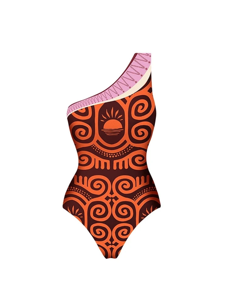 One Shoulder Ethnic Print Swimsuit, view 4 - Elena Harper