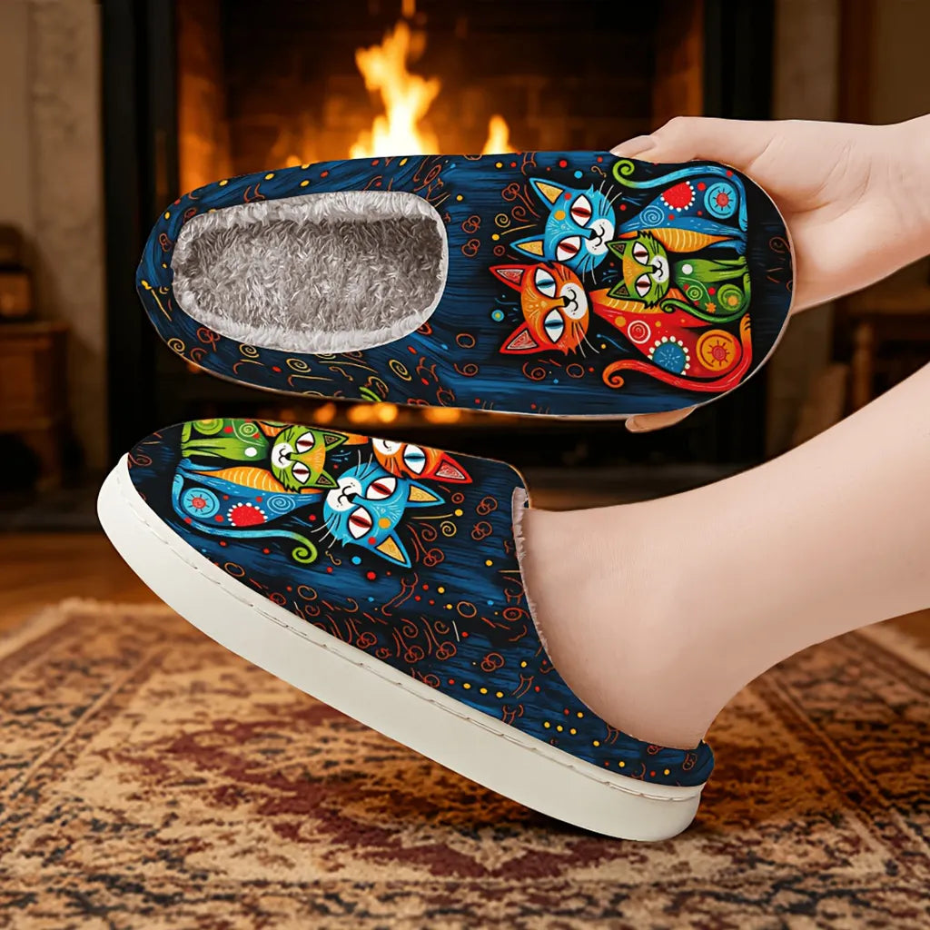 Quincy Slippers with Cat Pattern and Plush Lining, view 4 - Elena Harper