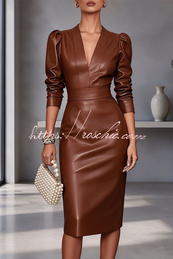 Faux PU Leather V-Neck Long Sleeve Stretch Pencil Midi Dress