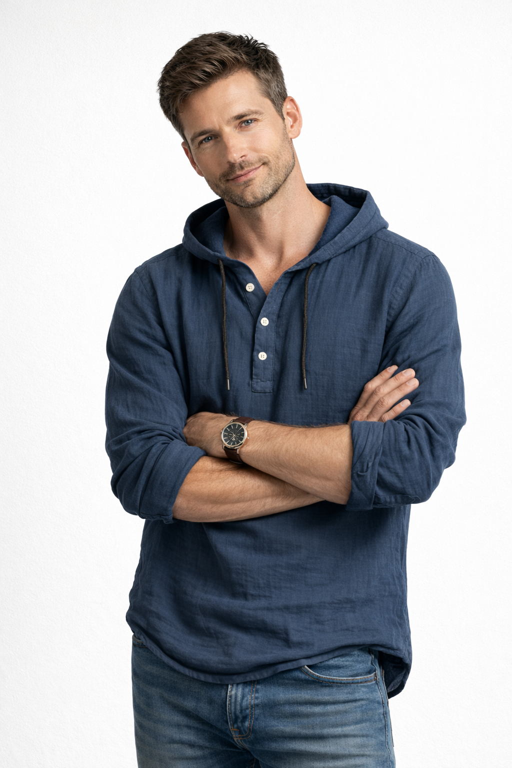 Men's Linen Shirt with Casual Fit and Adjustable Hood