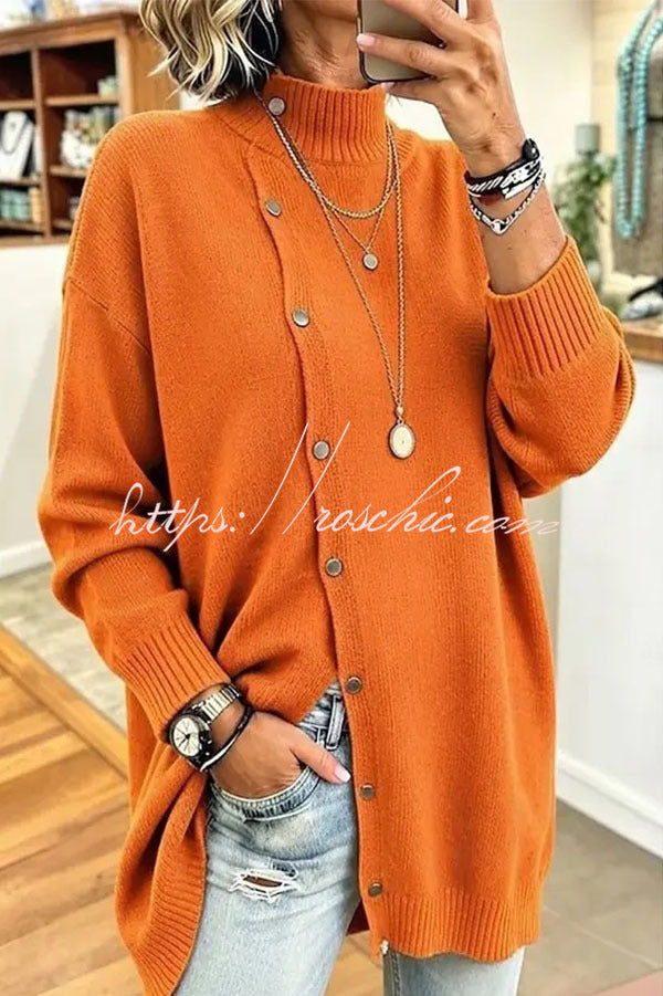 Warm Season Knit Turtleneck Button-down Long Sleeve Loose Sweater