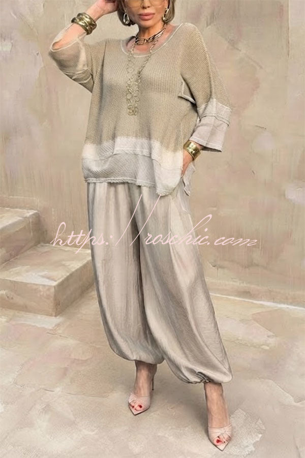Lucy Knit Cutout Layered Design Half Sleeve Top and Satin Elastic Waist Pocketed Lantern Pants Set