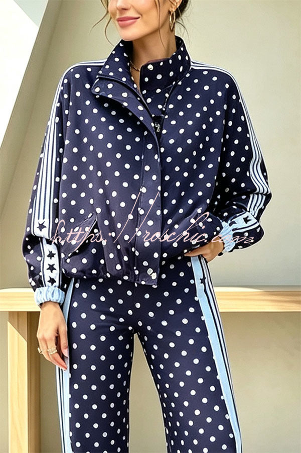 Lucienne Polka Dot Striped Star Print Zipper High Neck Pocket Sporty Jacket