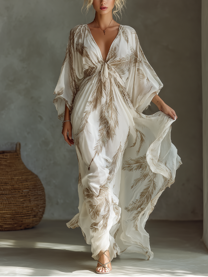 Women's Elegant Palm Leaf Maxi Dress with Twisted Front