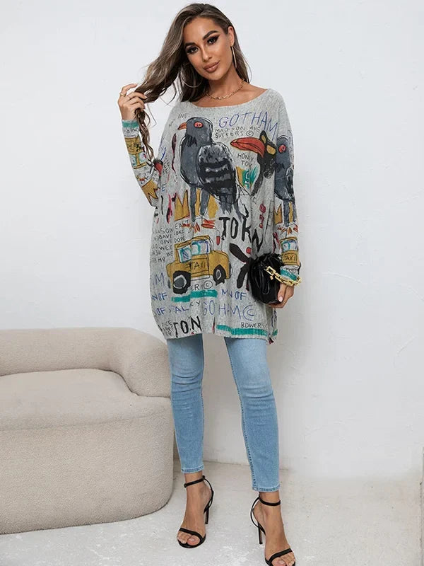 Lunisse Knitted Sweater with Artistic Cartoon Print, view 5 - Elena Harper