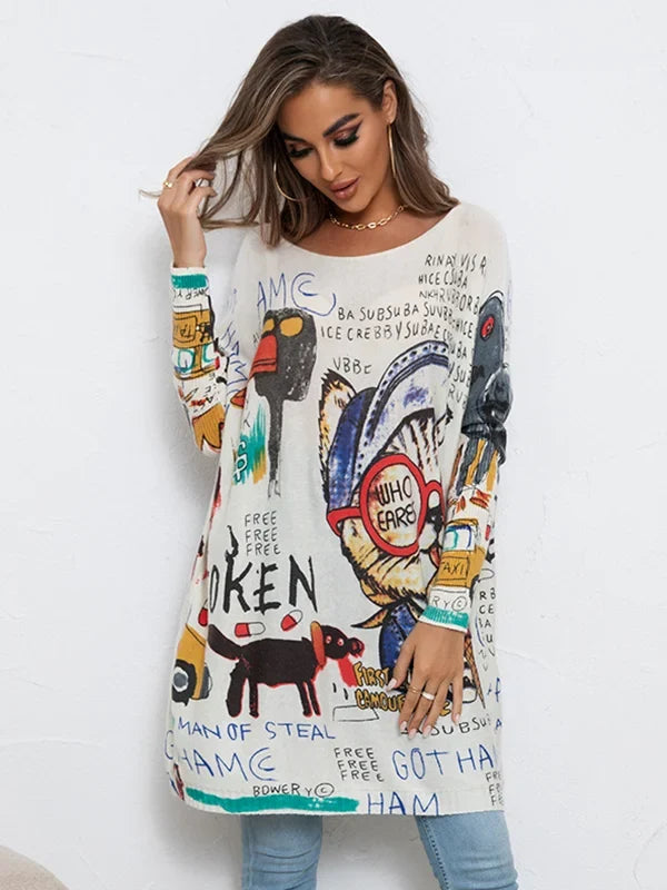 Lunisse Knitted Sweater with Artistic Cartoon Print, view 7 - Elena Harper