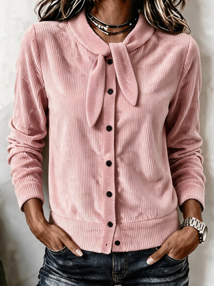 Women's Buttoned Sweater with Velvet Bow - Soft and Refined