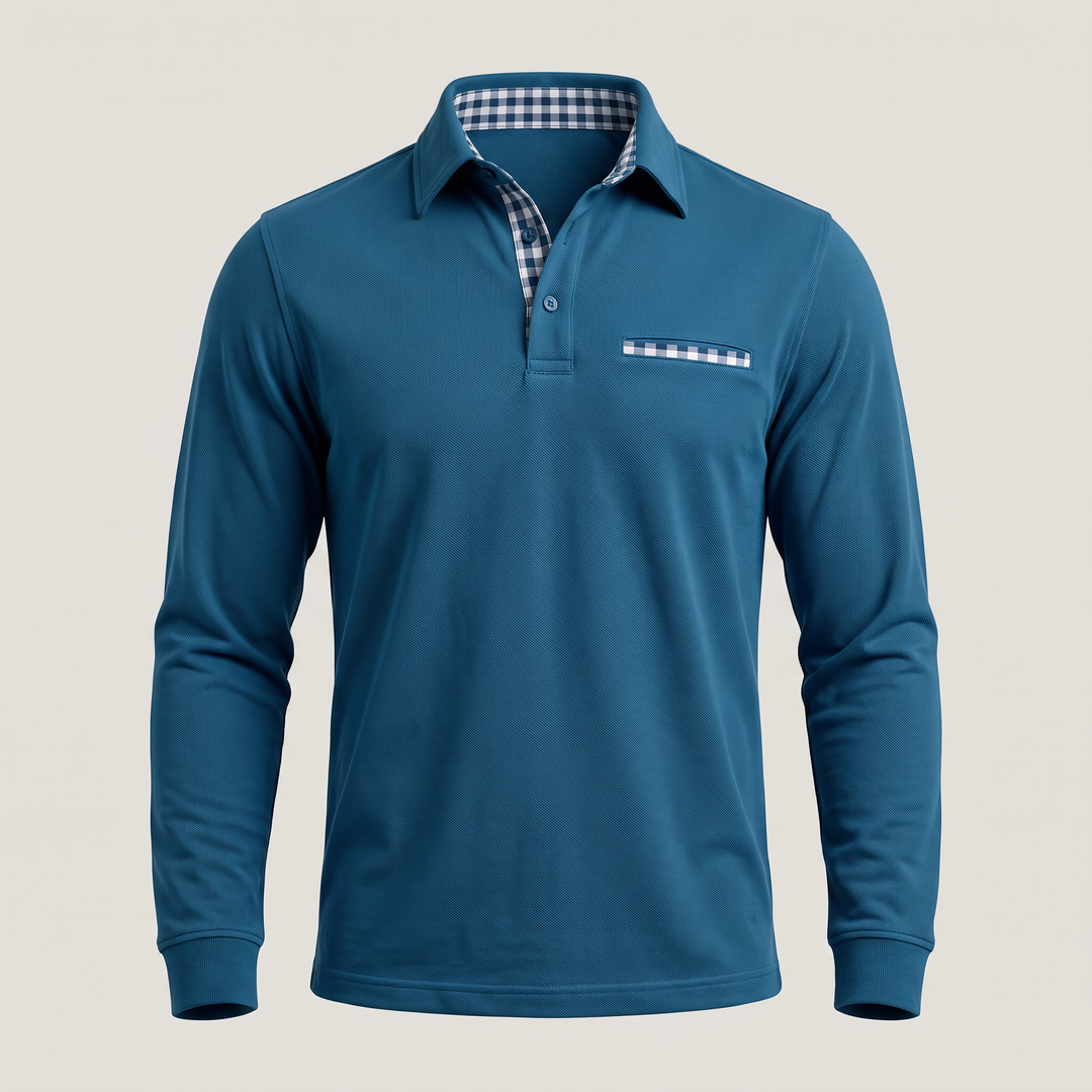 Adrian Elegant Long Sleeve Polo Shirt with Checked Details, view 4 - Elena Harper