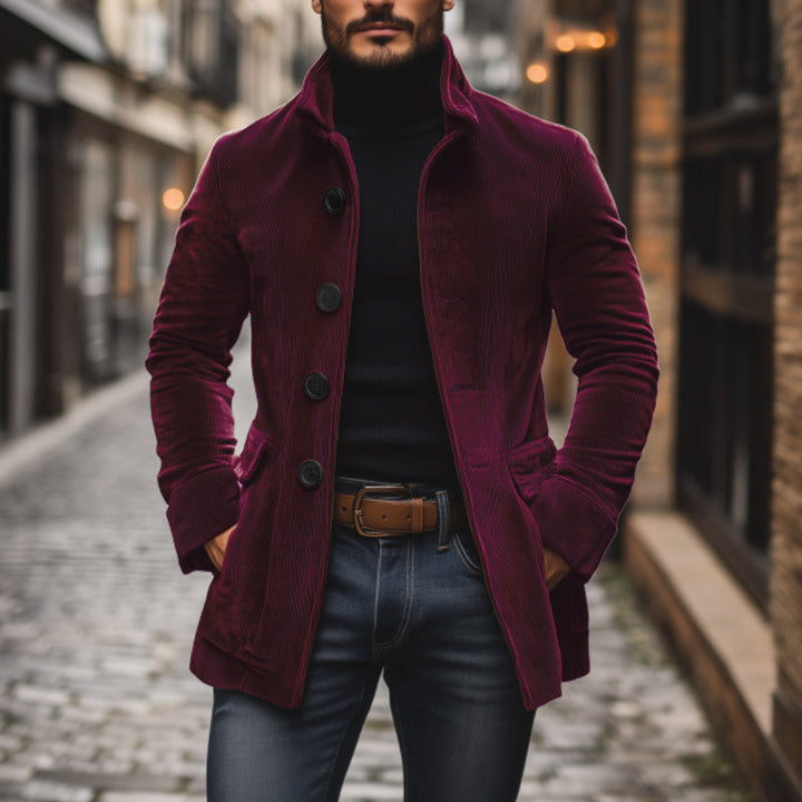 Tailored Short Corduroy Coat with High Collar for Men