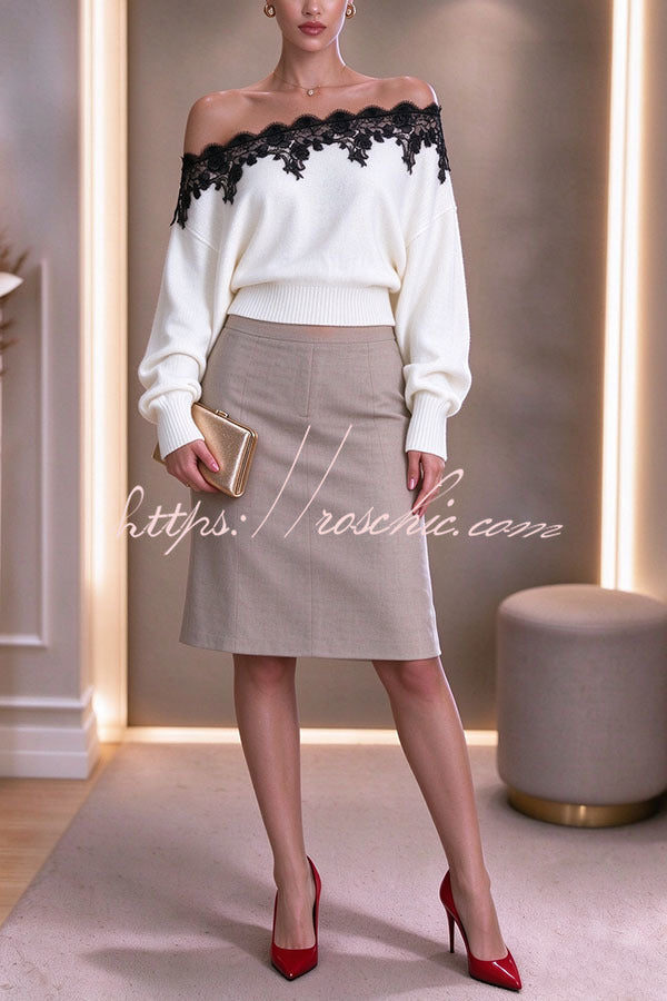 French Style Knit Lace Paneled One Shoulder Batwing Sleeve Loose Sweater