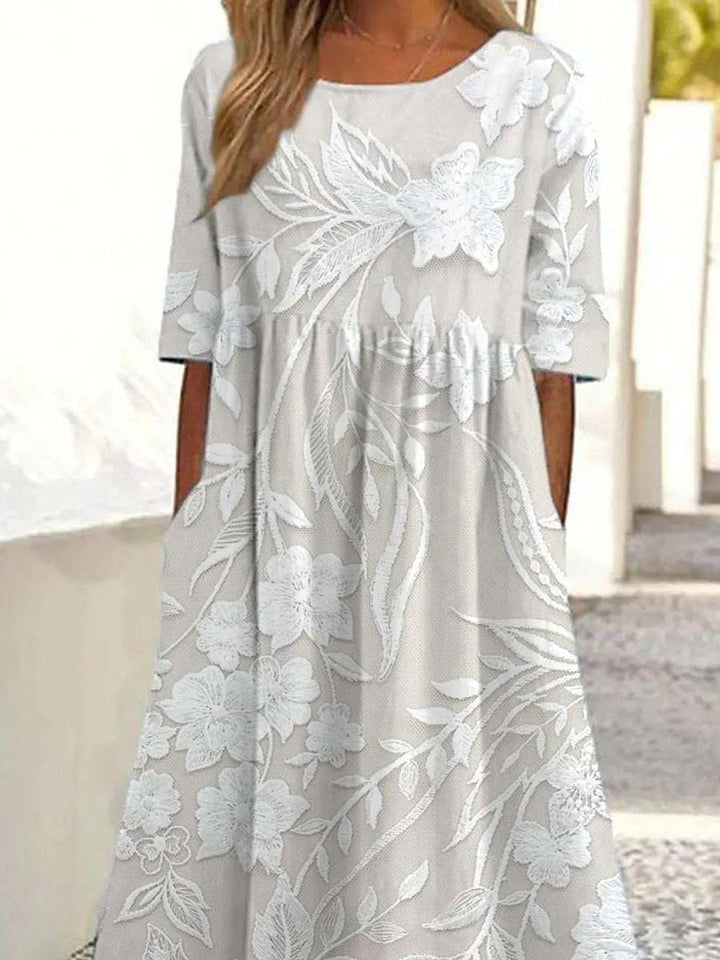 Dovie Timeless Long Floral Dress with 3/4 Sleeves - Elena Harper