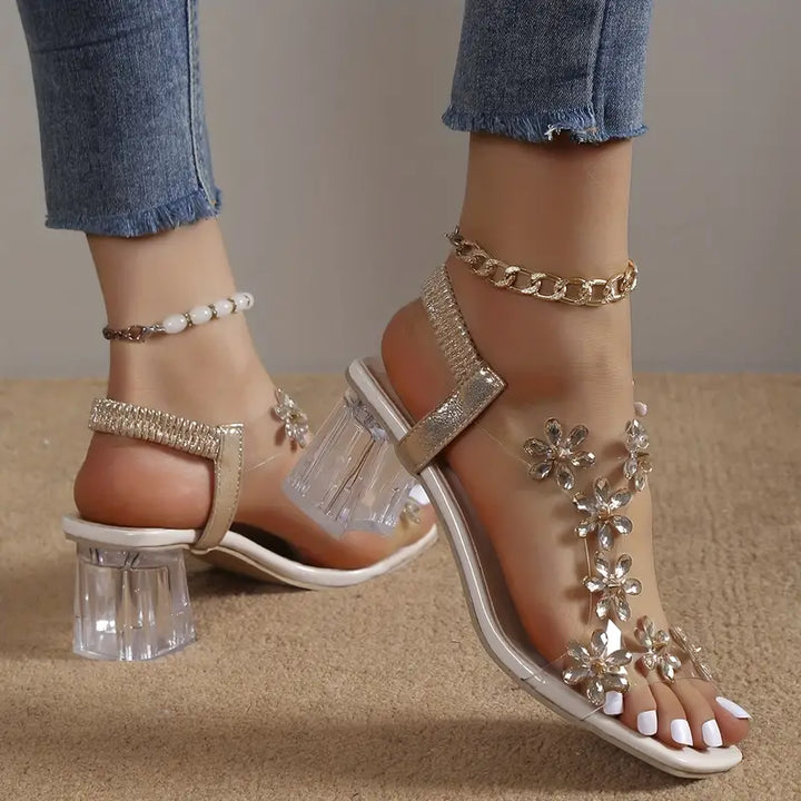 Graciela High Heeled Sandals with Floral Crystals, view 7 - Elena Harper