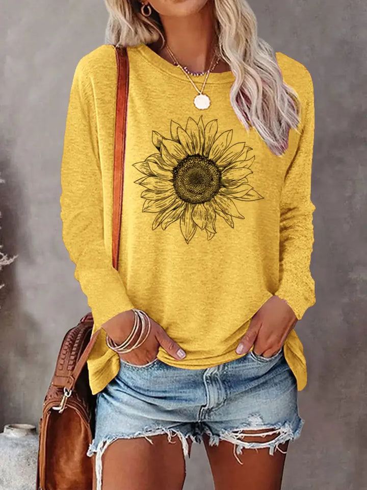 Levine Elegant Long Sleeve Tunic Top with Sunflower Prints, view 3 - Elena Harper