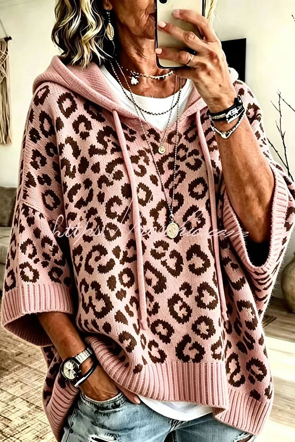 Comfortable and Casual Knit Leopard Print Half Sleeve Hoodie Sweater