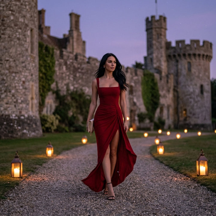 Burgundy Split Maxi Dress Wedding Guest Evening Outfit