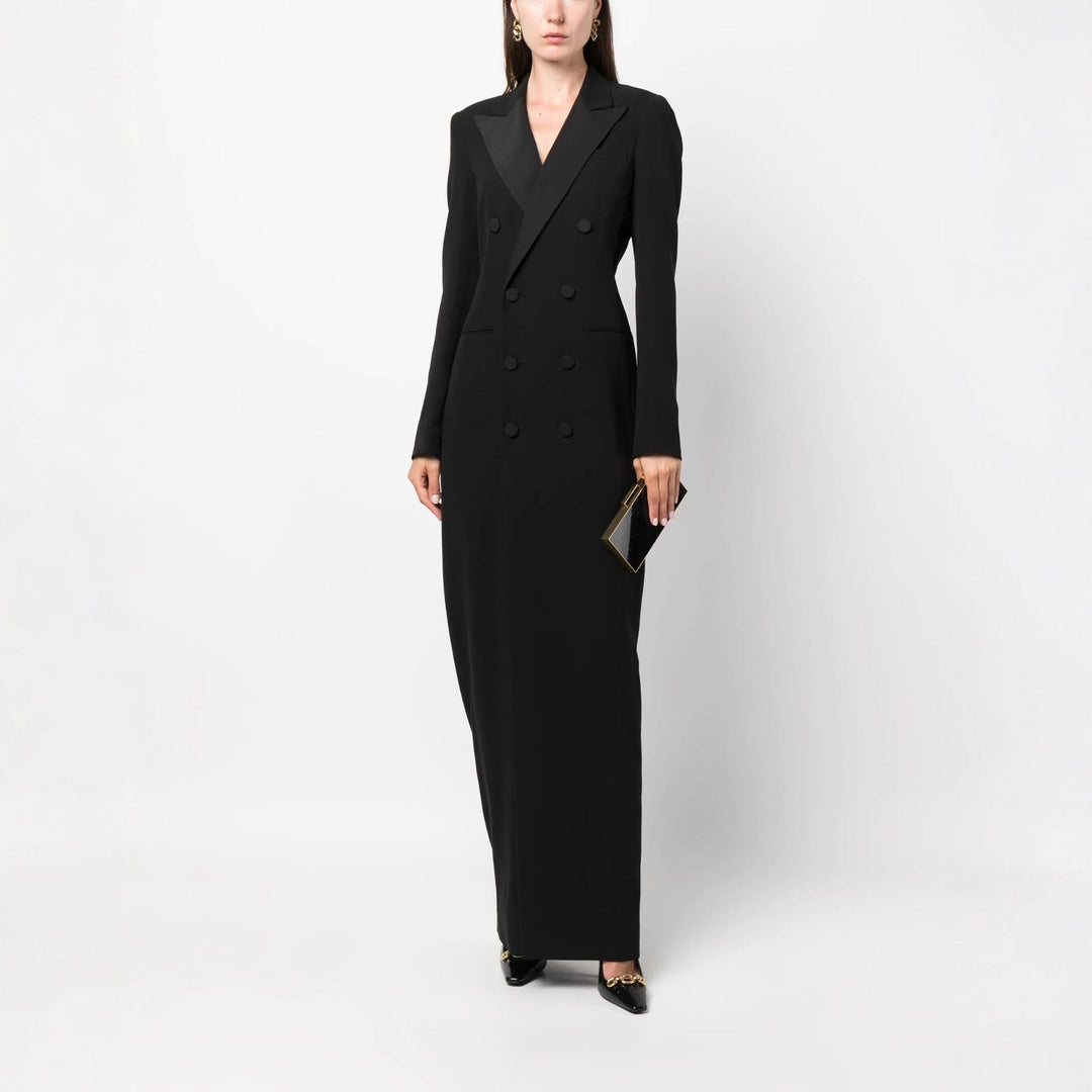 Women's Double-Breasted Blazer Maxi Dress - Elegant Floor-Length Style
