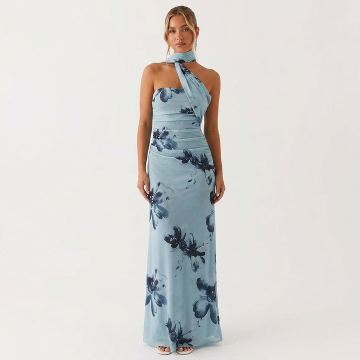 Blue Asymmetric-Neck Evening Maxi Dress With Scarf-Detail