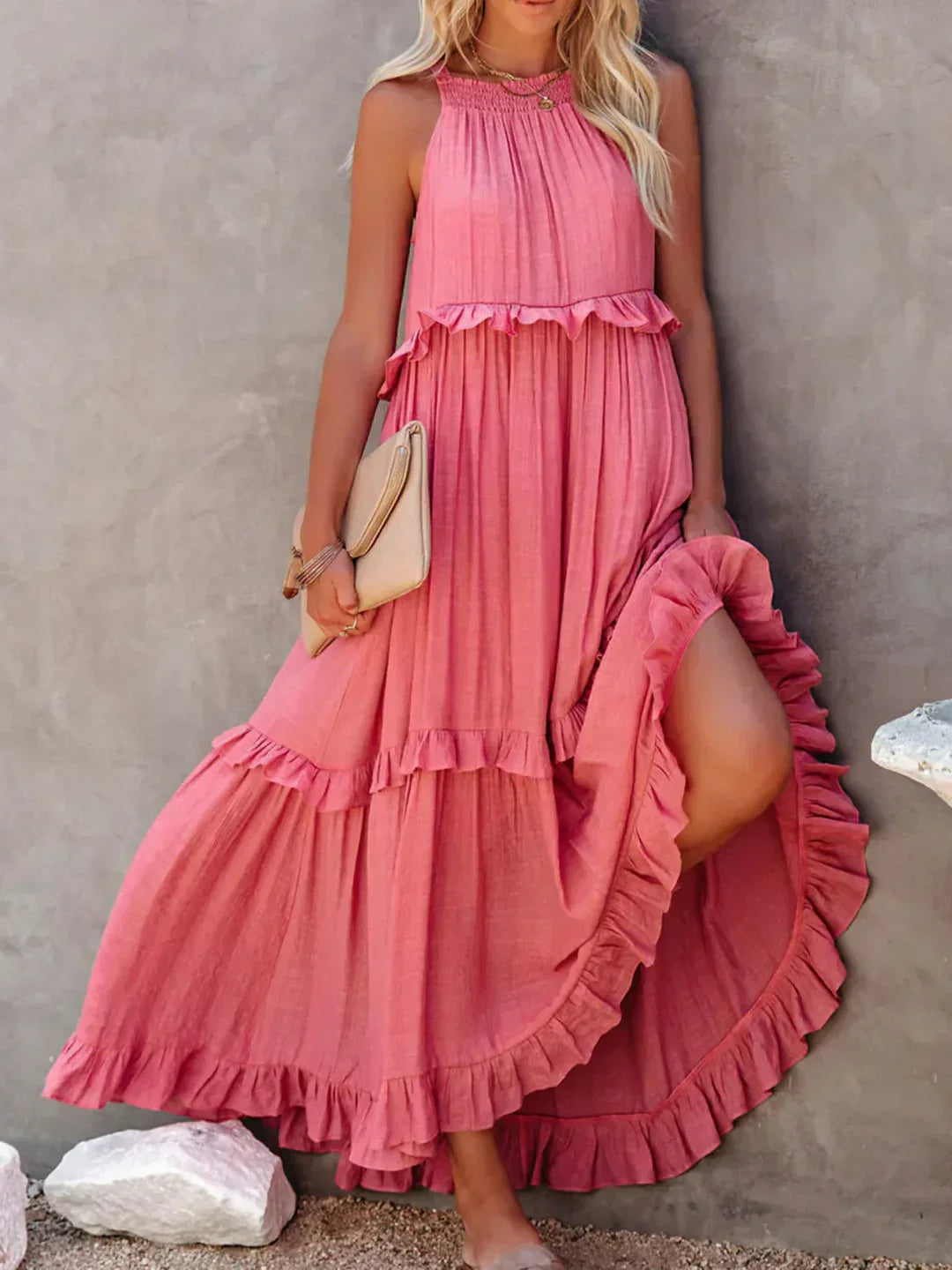 Delilah Elegant Halter Neck Ruffle Trim Dress - Elena Harper