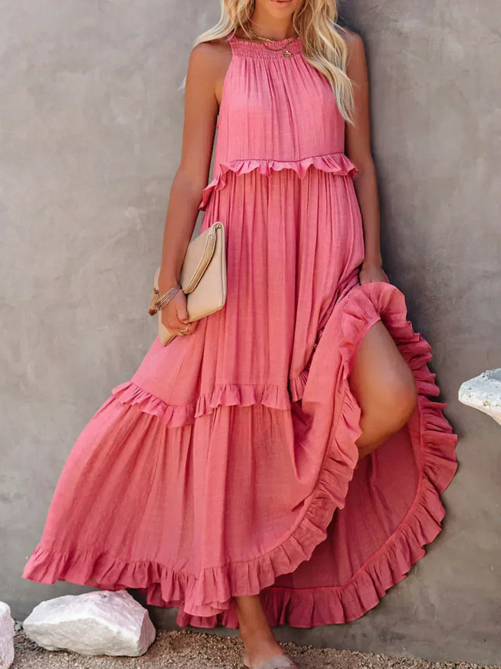 Delilah Elegant Halter Neck Ruffle Trim Dress - Elena Harper