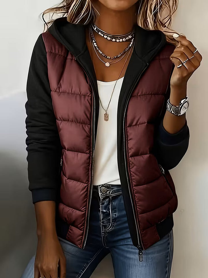 Women's Quilted Jacket with Hood and Contrast Sleeves