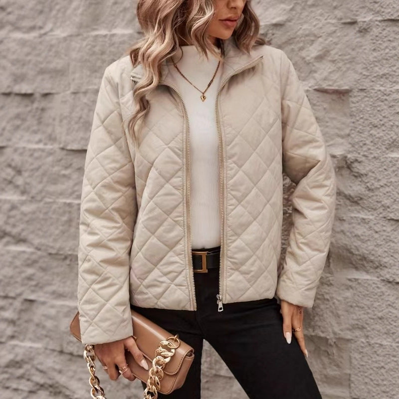 Women's Diamond Pattern Long Sleeve Coat – Solid Color with Classic Lapels and Relaxed Fit