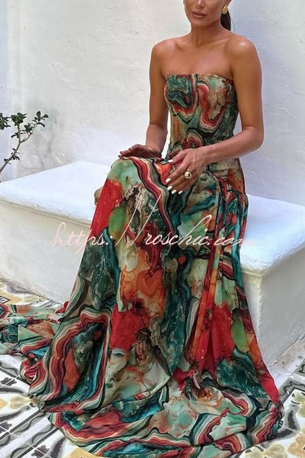 Vacay Vibes Colorful Lava Print Off Shoulder Smocked Scarf Maxi Dress