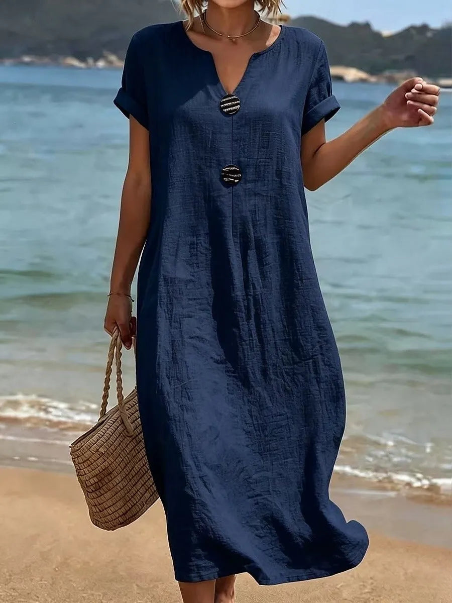 Long Women's Dress with Split Neckline and Decorative Buttons